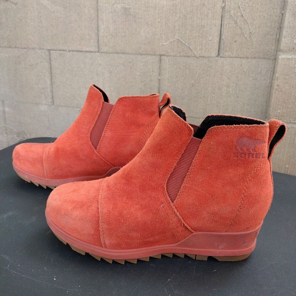Sorel Evie Pull On Warp Red Suede Wedge Booties Boots Waterproof Womens Size 7